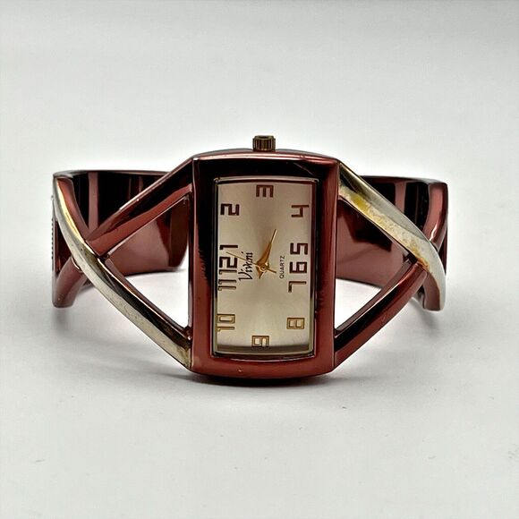 Vivani Women's Brown Gold Tone Square Face Analog Cuff Bracelet Watch Working - Picture 4 of 11